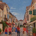 Monpazier Village Scene – France Art Gallery – Oil Painting by Weybridge Surrey Artist Jane Atherfold