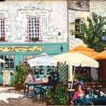 Martell Village Square Dordogne – France Art Gallery – Oil Painting by Weybridge Surrey Artist Jane Atherfold